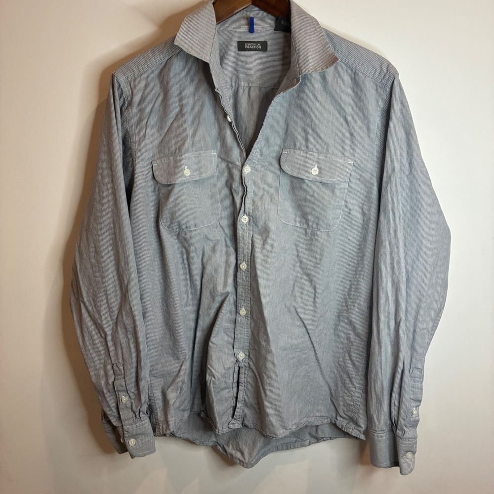 Kenneth Cole Reaction Mens Blue White Micro Stripe Button Down Shirt Large L/G